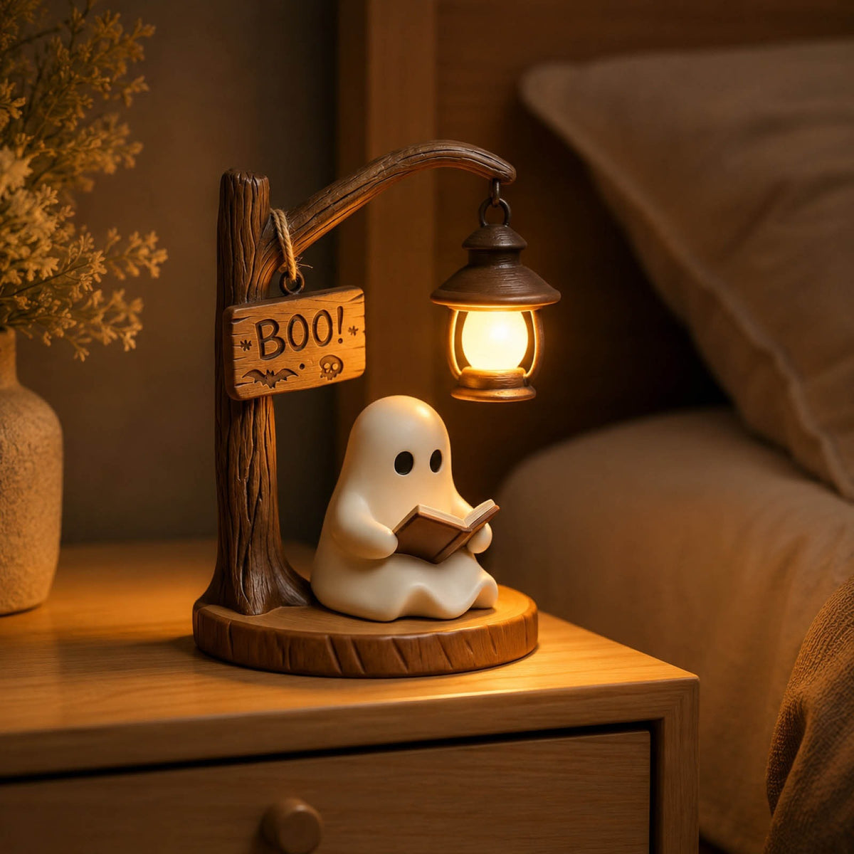 Cute Ghost Reading Night Light – Warm LED Shelf & Desk Lamp, Halloween & Dark Academia Decor