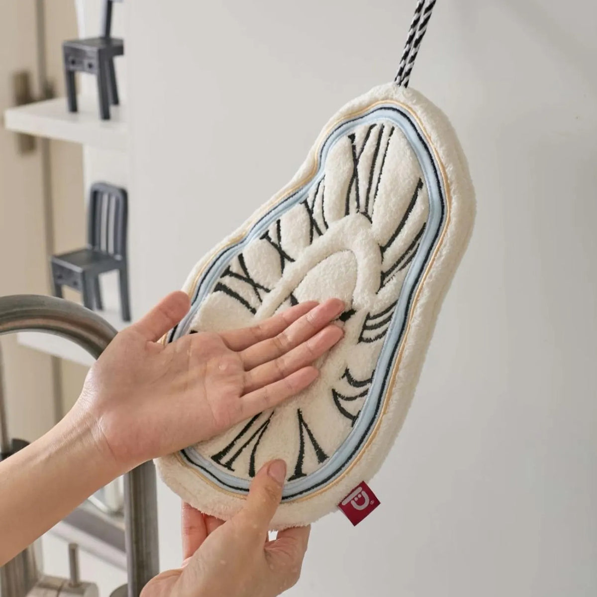 Melting Time Art Hand Towel – Surrealist Coral Fleece Towel with Embroidered Melting Clock