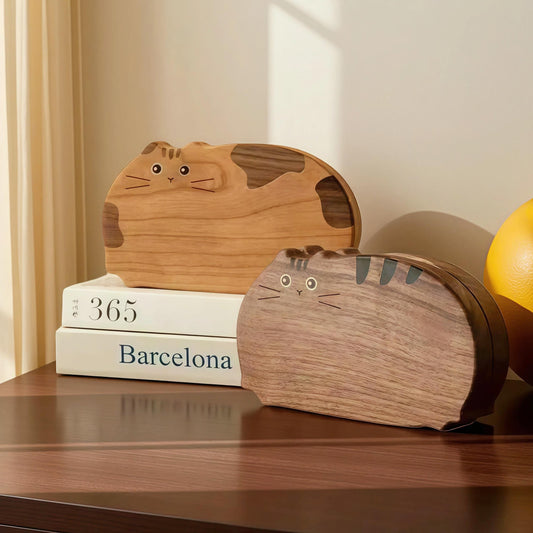 Cat Black Walnut Jewelry Organizer Box – Solid Wooden Keepsake Box with Velvet Lining