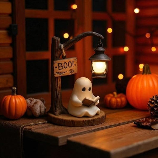 Cute Ghost Reading Night Light – Warm LED Shelf & Desk Lamp, Halloween & Dark Academia Decor