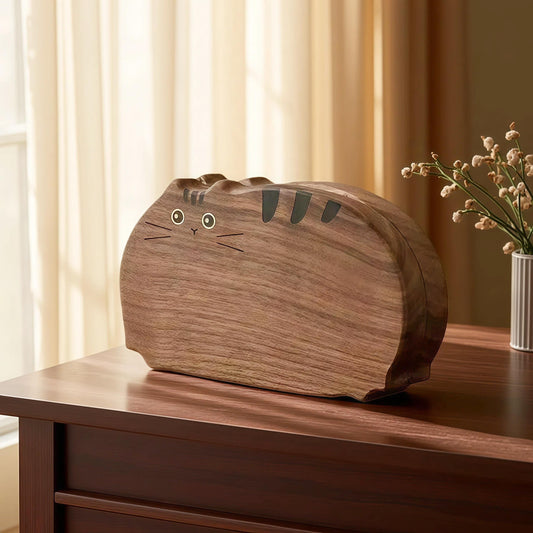 Cat Black Walnut Jewelry Organizer Box – Solid Wooden Keepsake Box with Velvet Lining